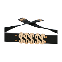 Women Black Elastic Fashion Belt Gold Metal Dollar Sign $$$$$ Size S M