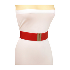 Women Red Elastic Band Belt Gold Metal Buckle Fit Size S M