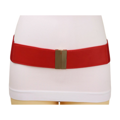 Women Red Elastic Band Belt Gold Metal Buckle Fit Size S M