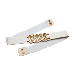 Women White Narrow Elastic Belt Gold Metal Dollar $$$ Size S M z009