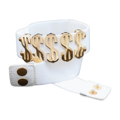 Women White Narrow Elastic Belt Gold Metal Dollar $$$ Size S M z009