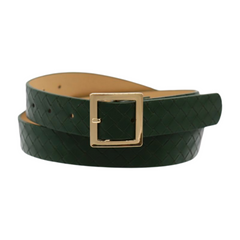 Women Green Basket Weave Skinny Belt Gold Square Buckle Fit S M