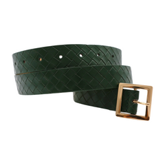 Women Green Basket Weave Skinny Belt Gold Square Buckle Fit S M