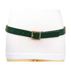 Women Green Basket Weave Skinny Belt Gold Square Buckle Fit S M