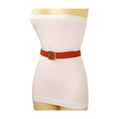 Women Orange Basket Weave Skinny Belt Gold Metal Square Buckle Size S M