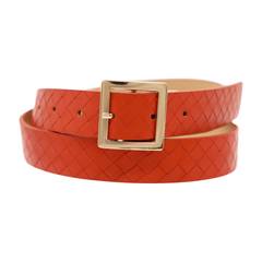 Women Orange Basket Weave Skinny Belt Gold Metal Square Buckle Size S M