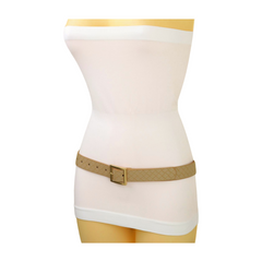 Women Beige Basket Weave Belt Gold Metal Square Buckle Fit S M