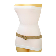Women Beige Basket Weave Belt Gold Metal Square Buckle Fit S M