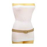 Women Beige Basket Weave Belt Gold Metal Square Buckle Fit S M