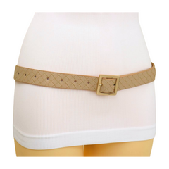 Women Beige Basket Weave Belt Gold Metal Square Buckle Fit S M