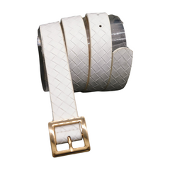 Women White Basket Weave Belt Gold Square Buckle Size S M