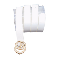 Women White Faux Leather Skinny Belt Gold Metal Buckle M L