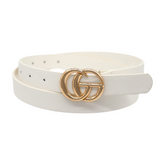 Women White Faux Leather Skinny Belt Gold Metal Buckle M L