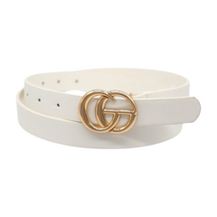 Women White Faux Leather Skinny Belt Gold Metal Buckle M L
