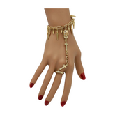 New Women Gold Metal Hand Chain Bracelet Fashion Cross Spike Skull Ring