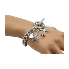 New Women Silver Metal Chain Links Wrist Bracelet Airplane Eifel Tower Charms France