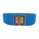 New Women Blue Wide Elastic Fashion Belt Gold Bling Square Buckle S M