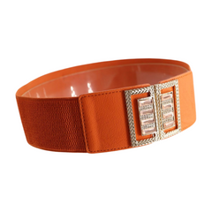 New Women Orange Elastic Belt Gold Bling Square Buckle S M