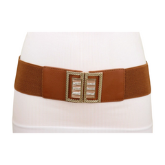 New Women Brown Elastic Fashion Belt High Waist Gold Bling Square Buckle S M