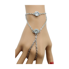 New Women Silver Metal Hand Chain Fashion Bracelet Connected Ring 2 Bling Beads Jewelry