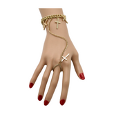 New Women Fashion Jewelry Gold Metal Hand Chain Bracelet Cross Charm Ring Connected