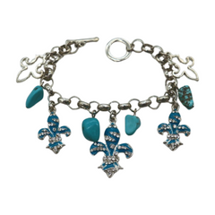 New Women Silver Metal Chain Bracelet Turquoise Blue Beads Color Fleur De Lis Flower