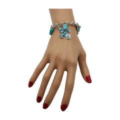 New Women Silver Metal Chain Bracelet Turquoise Blue Beads Color Fleur De Lis Flower