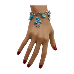 New Women Silver Metal Chain Bracelet Turquoise Blue Beads Color Fleur De Lis Flower