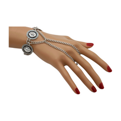 New Women Silver Metal Hand Chain Bracelet Connected Ring Lion Coin Medallion Charms