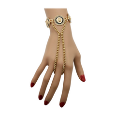 New Women Silver Metal Hand Chain Bracelet Connected Ring Lion Coin Medallion Charms (Copy)