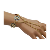 New Women Silver Metal Hand Chain Bracelet Connected Ring Lion Coin Medallion Charms (Copy)