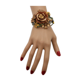 New Women Gold Metal Beige Brown Rose Flowers Wrist Cuff Bracelet Fashion Jewelry