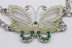Silver Metal Chain Links Skinny Belt Hip Waist Green Butterfly Charm S M L