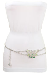 Silver Metal Chain Links Skinny Belt Hip Waist Green Butterfly Charm S M L