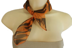 Women Mini Pocket Square Neck Tie Scarf Orange Black Zebra Animal Print Fabric