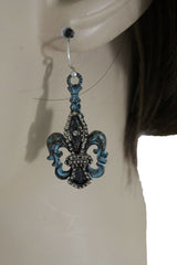 Women Earring Fashion Jewelry Silver Metal Fleur De Lis Flower Turquoise Blue