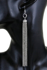 Women Silver Metal Chain Long Fringes Fashion Earrings Set Casual Look Party
