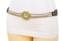 Women Black Elastic Street Hood Look Belt Gold Metal Chain Fashion Charm Fit S M