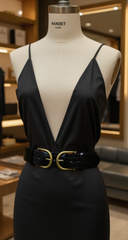 Women Black Faux Leather Bootylicious Look Belt Antique Gold Double Buckle S M