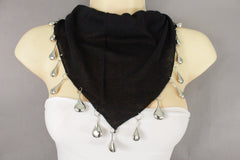 Fun Women Fashion Short Black Tie Necklace Soft Scarf Silver Drop Charms Pendant