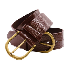 Women Brown Faux Leather Waistband Rodeo Belt Antique Gold Double Buckle Size M