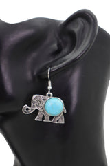 Women Earrings Set Ethnic Silver Metal Indian Elephant Jewelry Turquoise Blue