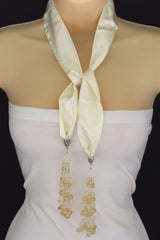 Women class Cream Off White Silk Thin Solid Scarf Fashion Wrap Long Fringe Beads