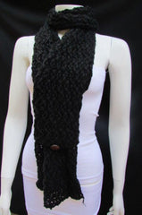 Women Scarf Fashionable Soft Fabric Winter Black Wide Shawl 3 Brown Wood Buttons