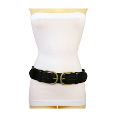Women Black Faux Leather Bootylicious Look Belt Antique Gold Double Buckle S M