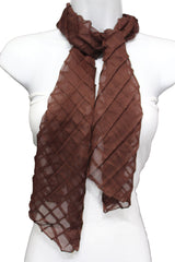 women Stylish Long Neck Tie Wrap Scarf Geometric Mosaic Plaid Brown Color