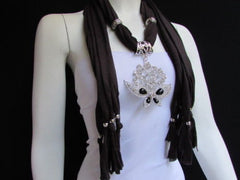 Women Soft Brown Scarf Necklace Wrap Silver Flowers Butterfly Pendant