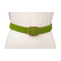 Women Green Color Faux Leather Skinny Premium Style Belt Gold Square Buckle S M