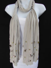 Women Gray Color Scarf Necklace Soft Fabric Multi Metal Spikes Skulls Pendants