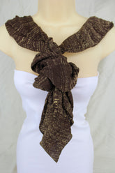 New Women Stylish Brown Fabric Wrap Tie Fashion Scarf Gold Sparkling Shiny Long